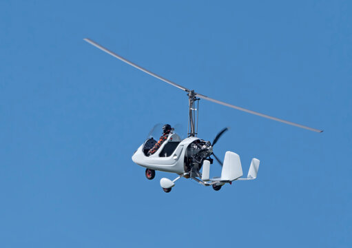 Balashikha Russia Black Airfield 22 May 2021: gyroplane Gyro Classic demonstration flight the Sky aviation festival, theory and practice