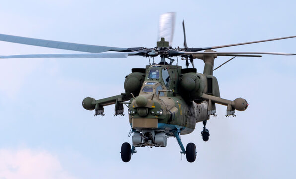 KUBINKA, RUSSIA - May, 15, 2021: attack helicopters Mil Mi-28, STRIZHI Aerobatic Team 30TH Anniversary Event