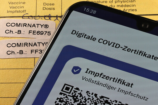 GERMANY - AUGUST 22, 2021: Digital documentation of the first and second vaccination with BioNTech/Pfizer COVID-19 vaccine Comirnaty in the German CovPass App.