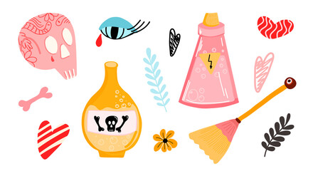 Vector set of Halloween stickers with a skull, poisonous drinks, a witch's broom in a flat style. A set for posters, gifts, postcards, clothes, holiday decor