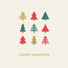 Geometric Christmas trees icons set. Vector illustration. Merry Xmas and Happy New Year greeting card, minimal noel corporate design template. Elegant Winter holidays poster, invitation or background