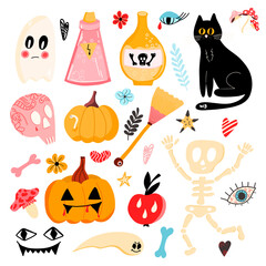 Vector large set of Halloween stickers with pumpkins, skull, skeleton, eye, black cat and other. A set for posters, gifts, postcards, clothes, holiday decor