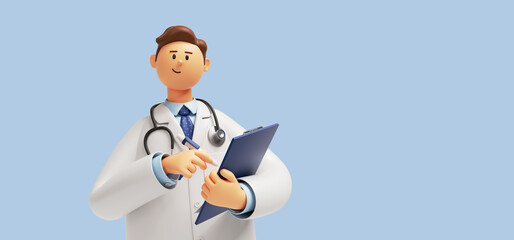 3d render. Cartoon doctor character holds clipboard. Clip art isolated on blue background. Professional consultation. Medical concept - obrazy, fototapety, plakaty