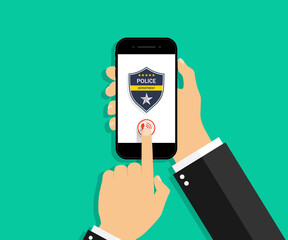 Police call in phone. Icon for emergency and 911. Police badge on smartphone screen for security and help. Hand holding phone with button for press and call 911. App for trouble. Vector