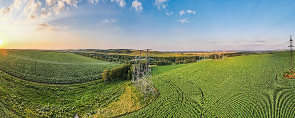 Power transmission lines. Tower and High Voltage Power. Wide panorama 180