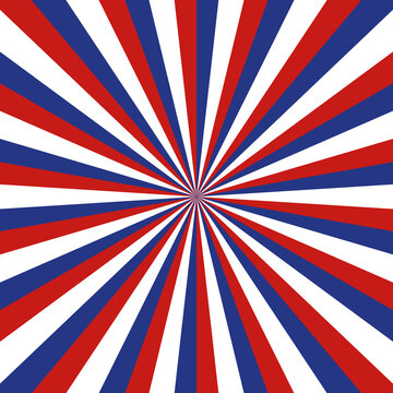 American background with sunburst. Blue and red circus pattern for usa. American flag for 4th july. Abstract patriotic background with stripes. Poster for independence of america. Vector