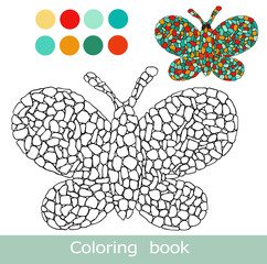 Coloring book page. Cartoon butterfly colorful template. Butterfly silhouette. Antistress mosaic pieces isolated on white. Butterfly isolated contour. For coloring book page.Cartoon kids coloring book