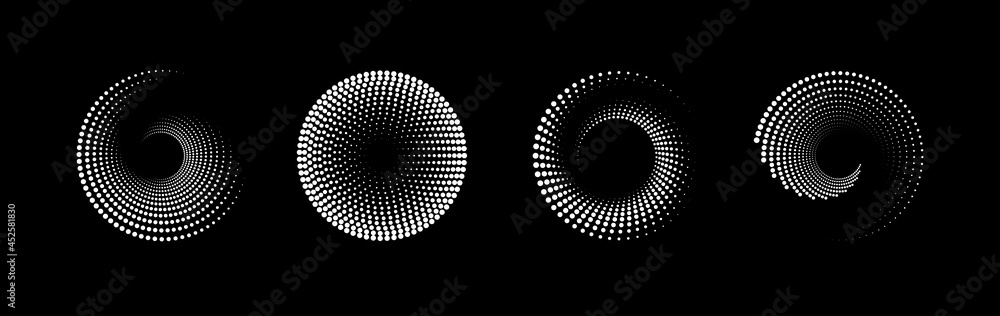 Wall mural set of black and white halftone radial patterns. dotty vector circles and swirls.