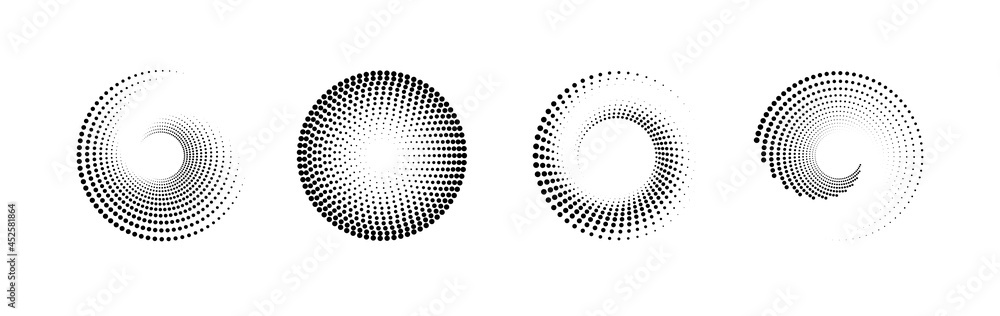 Wall mural set of black and white halftone radial patterns. dotty vector circles and swirls.