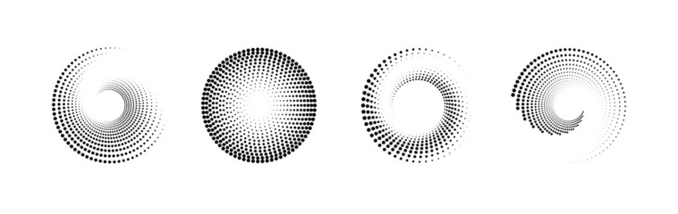 Set of black and white halftone radial patterns. Dotty vector circles and swirls.