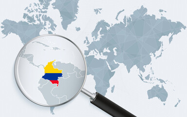 World map with a magnifying glass pointing at Colombia. Map of Colombia with the flag in the loop.