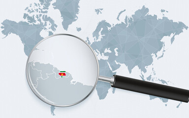 World map with a magnifying glass pointing at Suriname. Map of Suriname with the flag in the loop.