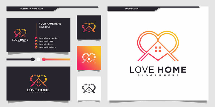 Love Home logo design with modern line style and business card design Premium Vector