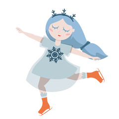 Snowflake girl ice skating. Winter fictional character in cartoon style