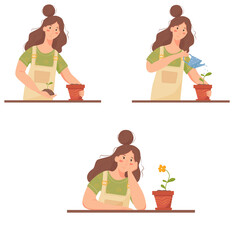 Set of home gardening. Woman is caring about plant while it is growing up to flower. Cartoon illustration about home hobby.