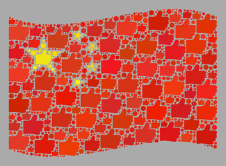Mosaic waving China flag constructed of thumb up elements. Vector choice collage waving China flag constructed for political posters. China flag collage is designed with scattered thumb up icons.