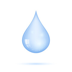 Realistic transparent blue shiny drop of water isolated on white background. Vector illustration.