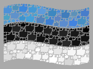 Mosaic waving Estonia flag designed with thumb up elements. Vector approval mosaic waving Estonia flag designed for political projects. Estonia flag collage is created of scattered thumb up icons.