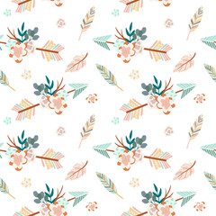 Vector cartoon illustration in trendy boho style. Seamless pattern with arrows, fllowers composition and feathers. Cute scandinavian pattern. Hand drawn Boho elements.