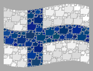 Mosaic waving Finland flag designed of thumb up icons. Vector election collage waving Finland flag designed for politics wallpapers. Finland flag collage is shaped of random palm icons.