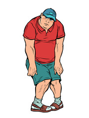 funny young fat man, sportswear awkward pose