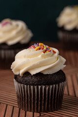 Closeup go fresh homemade chocolate cupcakes