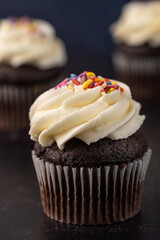 Closeup go fresh homemade chocolate cupcakes
