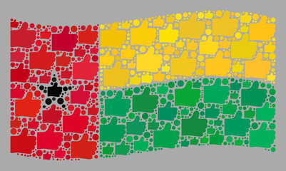 Mosaic waving Guinea-Bissau flag created of thumb up icons. Vector rating mosaic waving Guinea-Bissau flag organized for demographics propaganda.