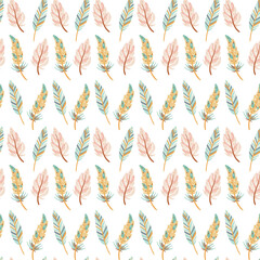 Cute seamless pattern in boho style. Colorful feathers background. Tribal feather cartoon illustration. Indian ethnic ornament. Cute scandinavian kids print.