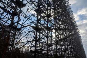 Former military radar system steel construction known as the Arc or Duga and so called Russian woodpecker in Chernobyl Exclusion Zone, Ukraine