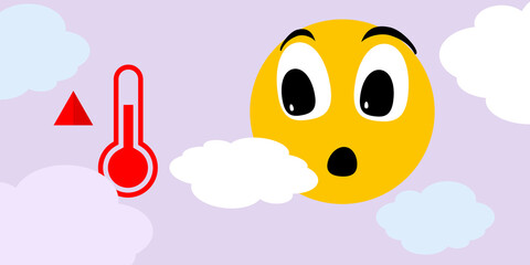 GLOBAL WARMING. Extreme thermometer temperature. Sun with face. Surprised expression. CLIMATE EMERGENCY. The image is referring to CLIMATE CHANGE and rising temperatures on the planet. 