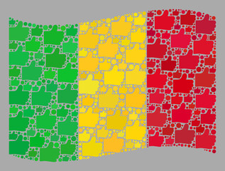 Mosaic waving Mali flag designed with thumb up icons. Vector positive collage waving Mali flag combined for social illustrations. Mali flag collage is formed of randomized thumb up icons.