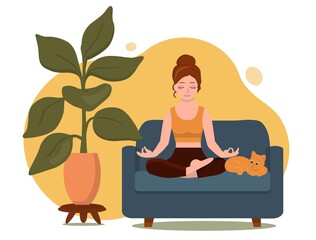 Flat style illustration. Vector. A young girl is meditating in a lotus position on a couch. There is a red kitten next to her. A potted plant with big green leaves stands near the sofa. 