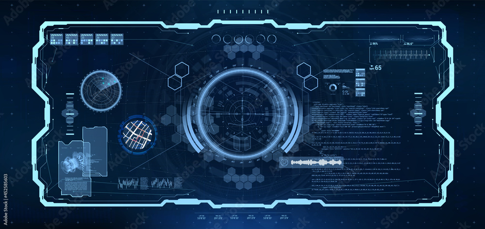 Poster Cockpit Helmet Design with HUD interface for VR. Spaceship cockpit view. Military control center with futuristic dashboard, HUD interface, radar, circle gadgets and aim target. Sci-fi design. Vector