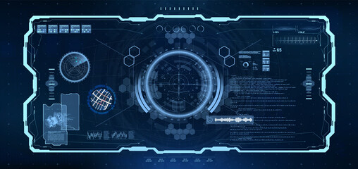 Cockpit Helmet Design with HUD interface for VR. Spaceship cockpit view. Military control center with futuristic dashboard, HUD interface, radar, circle gadgets and aim target. Sci-fi design. Vector