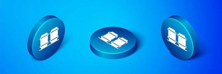 Isometric Wooden barrel for wine icon isolated on blue background. Blue circle button. Vector