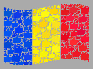 Mosaic waving Romania flag designed of like items. Vector approval collage waving Romania flag constructed for demographics applications. Romania flag collage is constructed of randomized hand items.