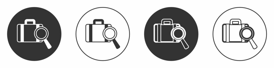 Black Airline service of finding lost baggage icon isolated on white background. Search luggage. Circle button. Vector