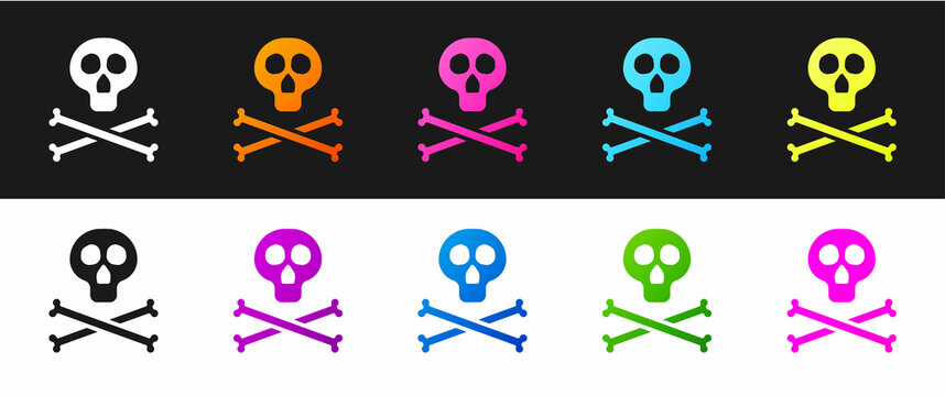 Set Bones and skull as a sign of toxicity warning icon isolated on black and white background. Vector