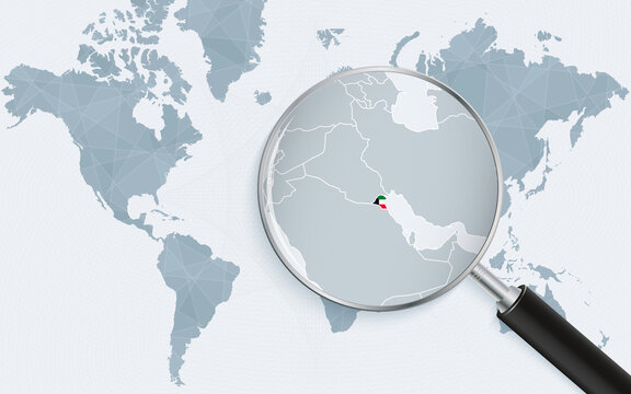 World map with a magnifying glass pointing at Kuwait. Map of Kuwait with the flag in the loop.