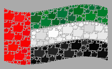 Mosaic waving United Arab Emirates flag designed of thumb up items. Vector positive mosaic waving United Arab Emirates flag done for demographics projects.