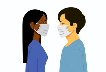 Man and Woman in medical face protection mask. Illustration for concepts of disease, sickness, allergies, pollution, coronavirus. Isolated vector illustration on white background.