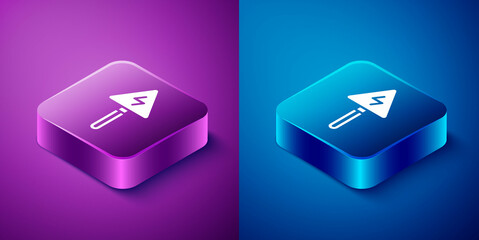 Isometric High voltage sign icon isolated on blue and purple background. Danger symbol. Arrow in triangle. Warning icon. Square button. Vector