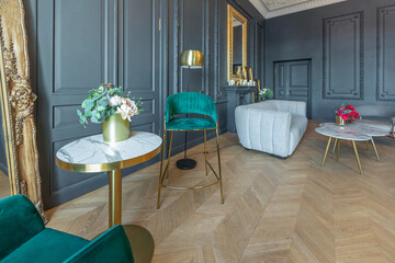 chic interior of the room in the Renaissance style of the 19th century with modern luxury furniture. walls of noble dark color are decorated with stucco and gilded frames, wooden parquet.