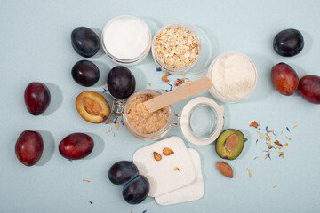 Plum face and body scrub. Homemade spa cosmetic recipe.
