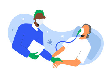 Covid patient in critical condition, medical worker looking after senior patient in oxygen mask suffering from coronavirus pneumonia, treated with oxygen theraphy in intensive care, lung ventilation