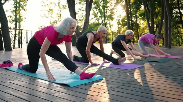 Group of active mature women training together in park, making stretching exercises on fitness mats, slow motion