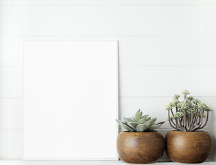 minimalist mockup frame on white wooden wall