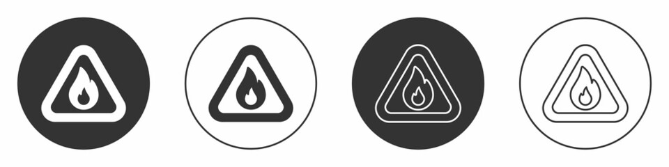 Black Fire flame in triangle icon isolated on white background. Warning sign of flammable product. Circle button. Vector