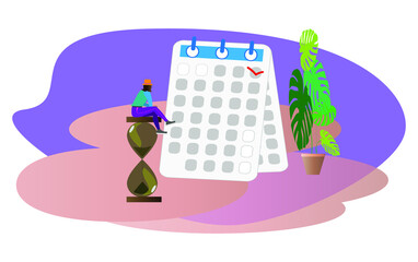 Planner concept vector illustration of a young woman near large calendar and planning a work week. Flat design of business people completing work schedule for effective task management